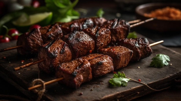 A platter of meat and vegetables on a wooden table