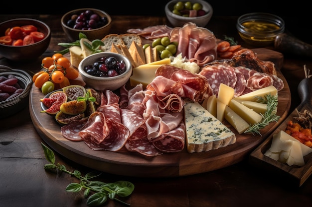 A platter of meats and cheeses including meats, cheeses, and fruit.