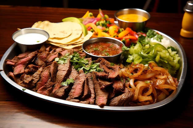 Platter of mexican street tacos with carne asada