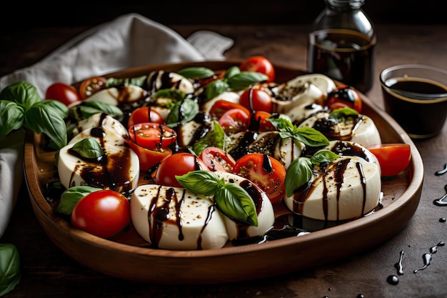 Platter of mozzarella basil and tomatoes with balsamic glaze created with generative ai