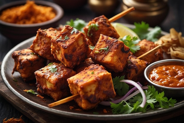 A platter of paneer tikka served with crispy onion pak