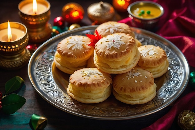 A platter of pani puris with festive decorations