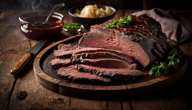 A platter of roast beef with a side of mashed potatoes on the side.