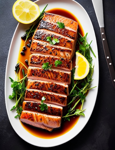 A platter of salmon with lemon wedges and parsley on top.