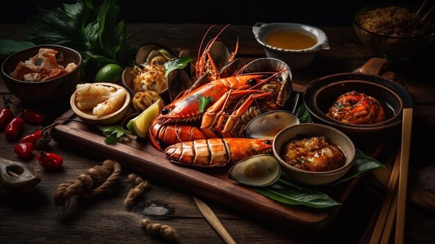 A platter of seafood and seafood including prawns, shrimp, and oysters.