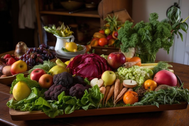 Platter of seasonal fruits and vegetables ready for a farmtotable feast created with generative ai