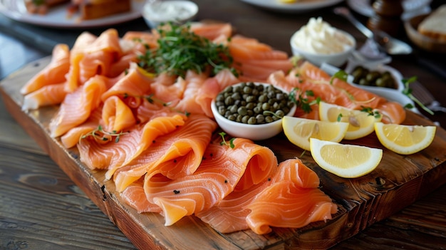 A platter of smoked salmon slices elegantly arranged on a wooden board served with capers lemon wedges and cream cheese