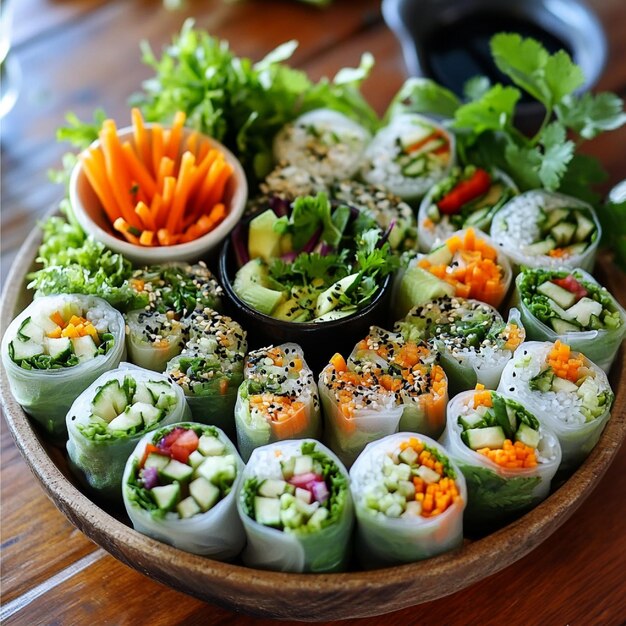 A platter of spring rolls with crisp vegetables and herbs