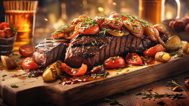 A platter of steaks with tomatoes and onions on a wooden board