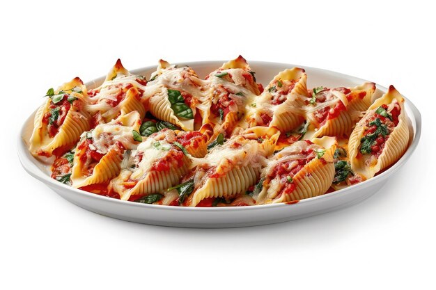 A platter of stuffed pasta shells with spinach and cheese in tomato sauce