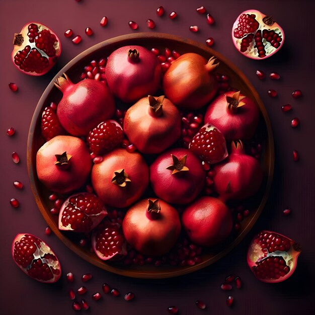 A platter of succulent pomegranates a nutritious fall fruit packed with antioxidants isolated on a