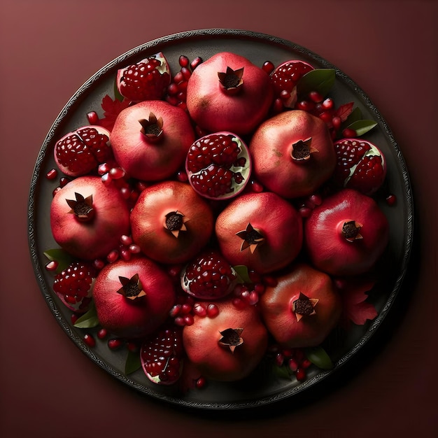 A platter of succulent pomegranates a nutritious fall fruit packed with antioxidants isolated on a