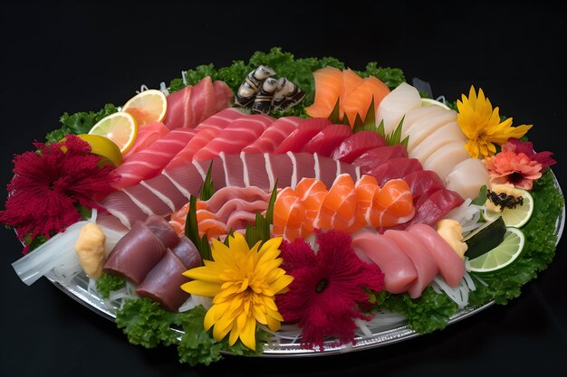 A platter of sushi is displayed on a black background.