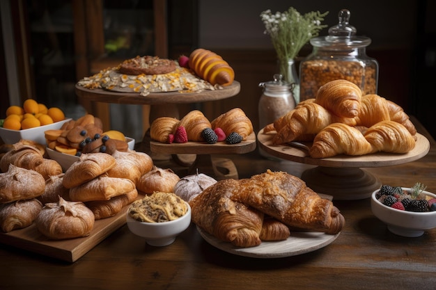 Platters of fresh pastries croissants and other baked goods for breakfast created with generative ai