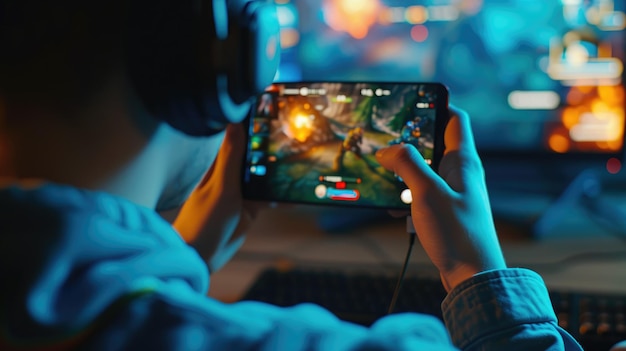 Photo player in action playing mobile game on smart device