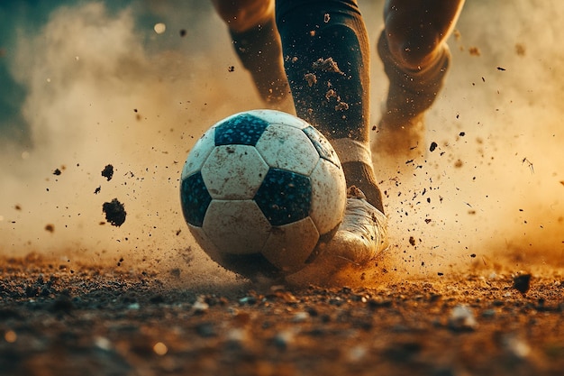 Player foot striking soccer ball illuminated dust