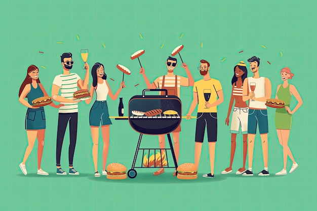 A playful 2D cartoon illustration of friends gathered around a barbecue grill cooking burgers