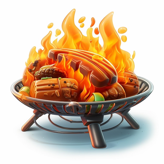 Playful 3D Cartoon Campfire Grill on White Background