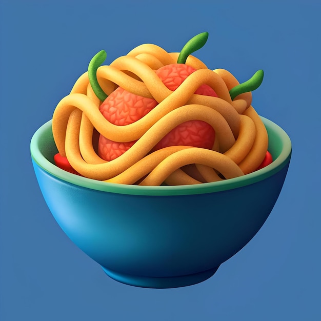 A playful 3D illustration of chow mein noodles in a blue bowl perfect for adding a touch of fun to your food related projects