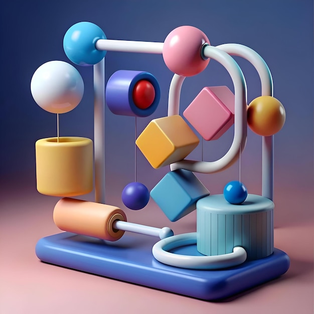 A playful 3D illustration of colorful geometric shapes arranged in a dynamic composition