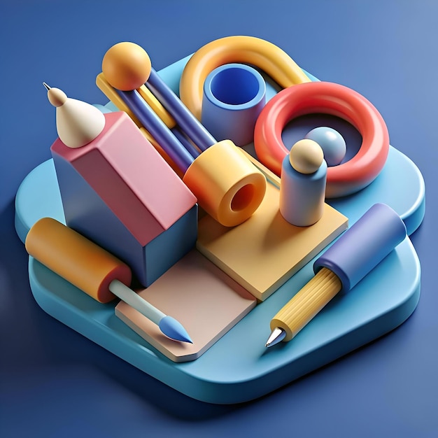 Photo a playful 3d illustration of colorful stationery tools arranged in a dynamic composition