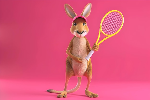 Playful 3D Tennis Kangaroo Character in Vibrant Pink Sportswear