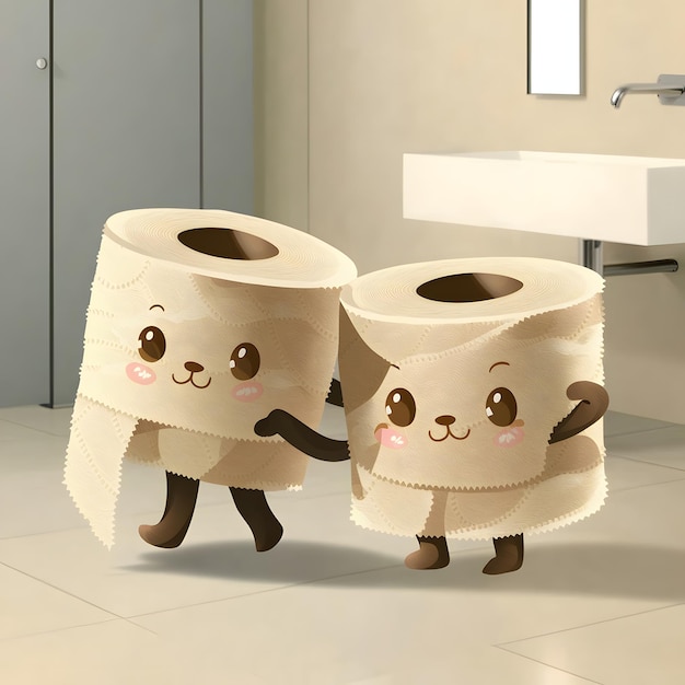 A playful and adorable illustration of two anthropomorphized toilet paper rolls each with a cute fa