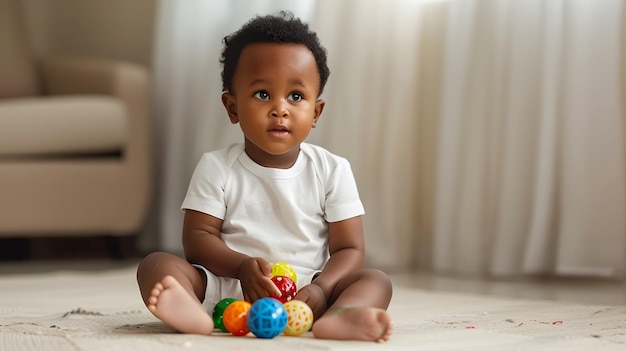 Playful African Toddler Exploring Toys in Bright and Cozy Indoor Setting