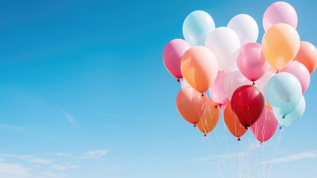 a playful arrangement of colorful balloons floating against a clear blue sky