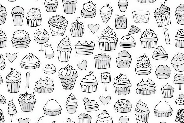 A playful assortment of dessert doodles with cute faces invites creativity and coloring fun