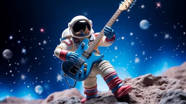 Playful astronaut with guitar rocks out amidst moonscape ai generated photo