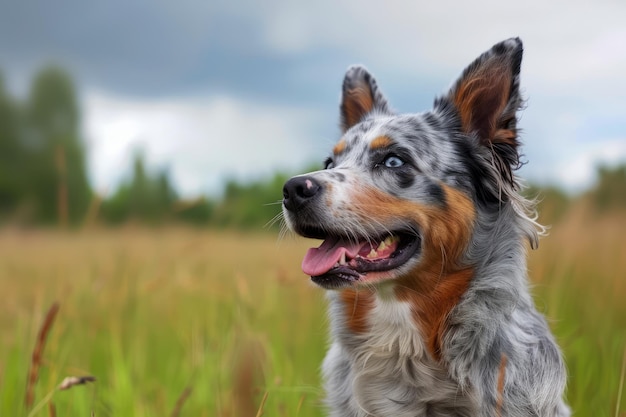 Playful Australian Shepherd Dog with Bright Blue Eyes in Lush Green Field Under Cloudy Sky