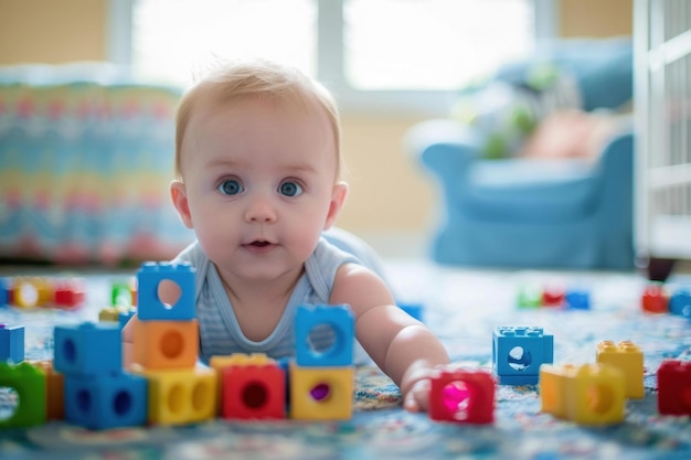 Photo playful baby among colorful building blocks