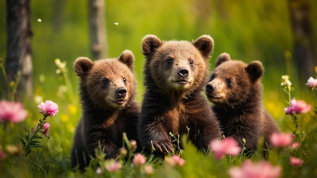 Playful Baby Bears Tumbling Joyfully In Blossoming Spring Meadow