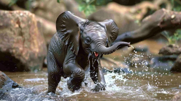 Photo playful baby elephant in water