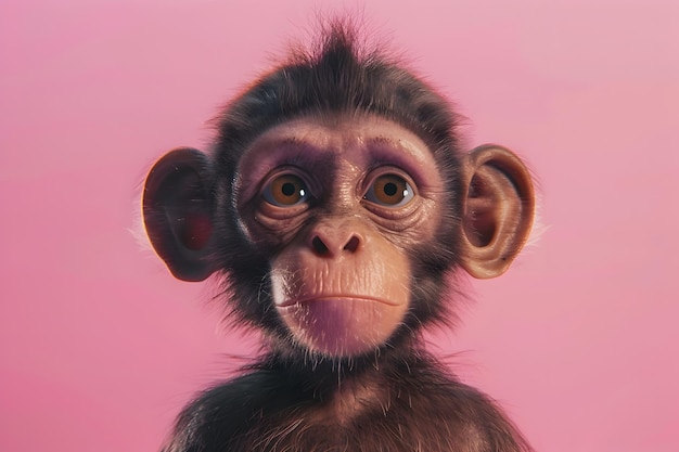 Playful Baby Monkeys Hyperrealistic Portrait on Vibrant Pink Background in High Detail