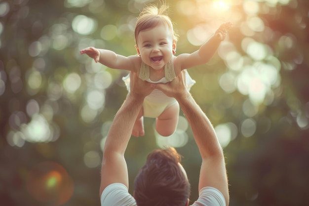 Photo playful baby portrait with parents vibrant lighting highlighting joy and connection in a lively out