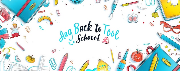 Photo a playful back to school background with cartoon characters notebooks and colorful stationery