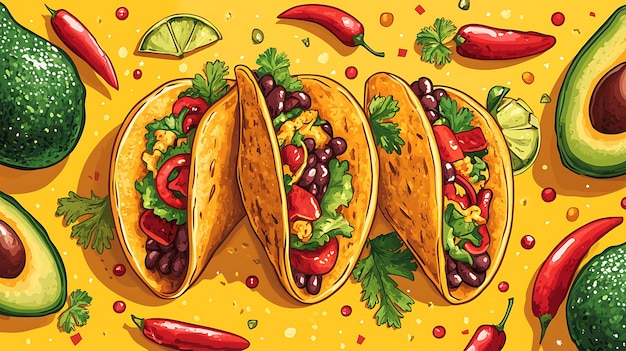 Playful Background with Traditional Hispanic Food Items