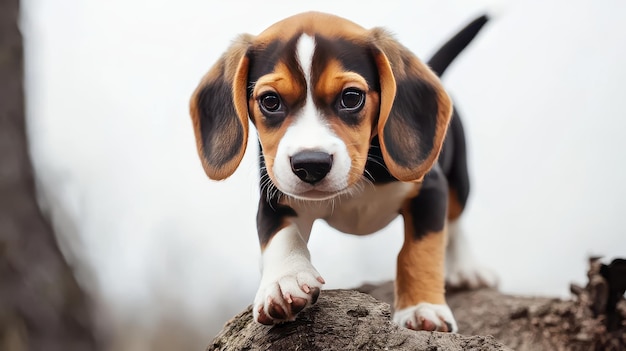 Photo a playful beagle puppy exploring nature in a wooded area on a sunny day