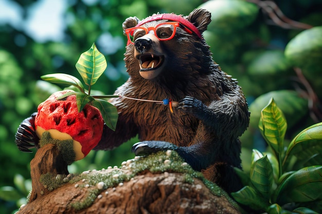 A playful bear wearing a Hawaiian shirt and sunglasses climbing a tree while balancing a slice of watermelon on its nose