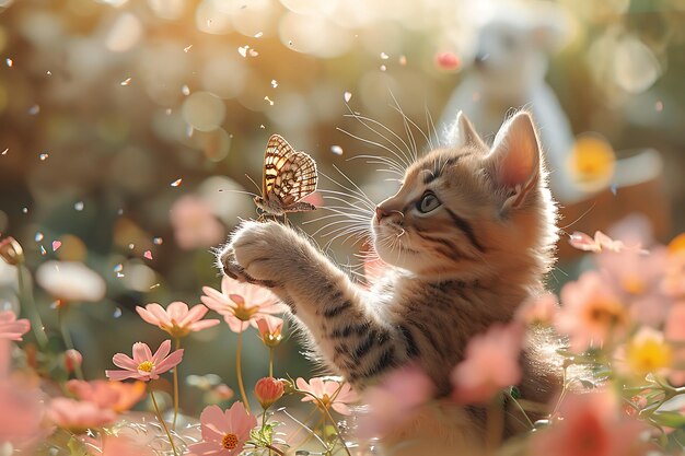 A playful Bengal cat swatting at a butterfly flitting through a vibrant flower garden with a Jack Russell terrier excitedly chasing after it in the bright light of day