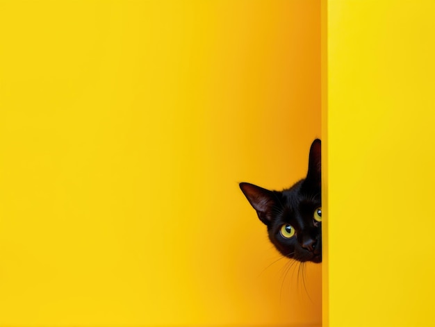 Photo playful black cat peeking on vibrant yellow background ideal for creative and commercial projects