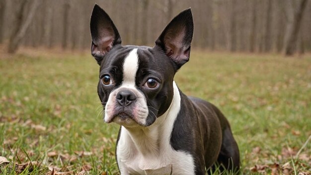 Photo playful black and white boston terrier joyful pet companion