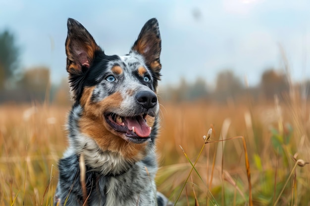 Playful Blue Merle Australian Shepherd Dog Sitting in a Field with Tall Grass Looking Happy and