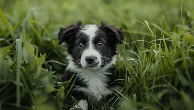 Playful Border Collie Puppy in a Grassy Field