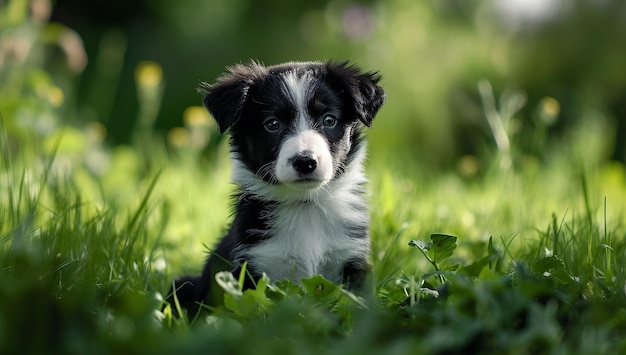 Playful Border Collie Puppy in a Grassy Field