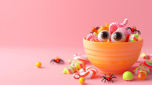 Photo a playful bowl filled with colorful halloween candies including eyeballs candy corn and spiders set against a vibrant orange background