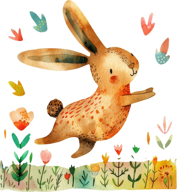 playful brown bunny rabbit hopping through spring flowers in watercolor illustration