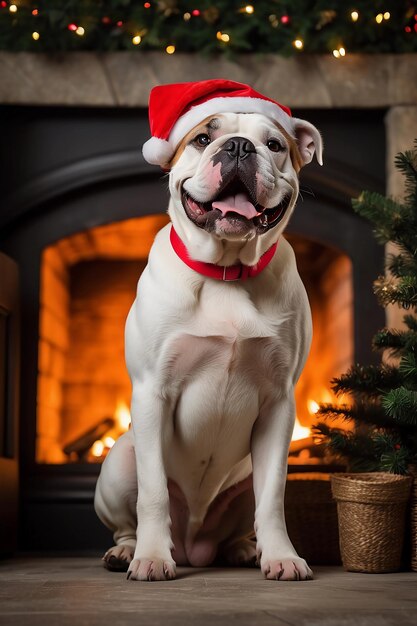 A playful bulldog adorned with a whimsical Santa hat on a cozy sofa